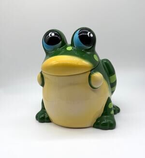 Large Green Frog Ceramic Cookie Jar Big Eyes Lidded Kitchen Canister 11" Decor